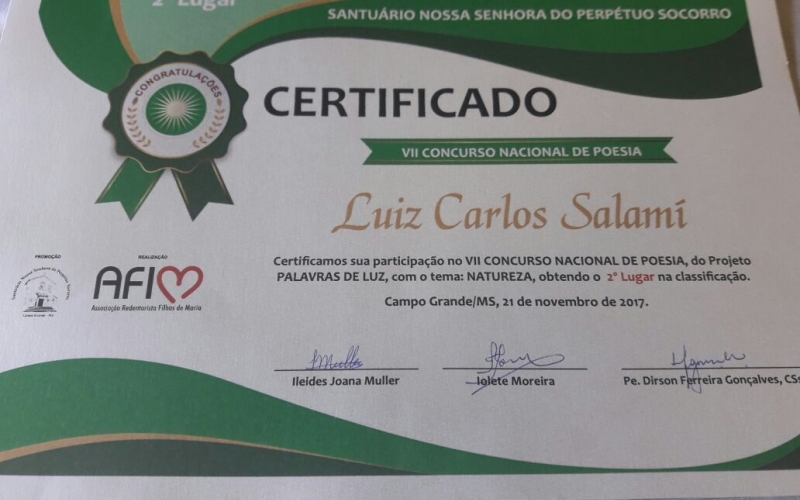 Luiz Carlos Salamí ganha segundo lugar em Concurso de Poesia